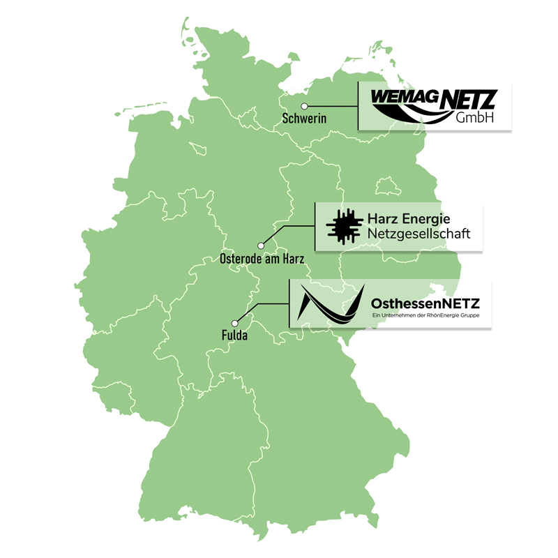 Die Netzgesellschaften Wemag Netz, Harz Energie Netz und OsthessenNetz liegen Hunderte Kilometer voneinander entfernt – und doch entwickeln sie jetzt gemeinsam Pläne für ein Netzleitsystem. Grafik: RhönEnergie