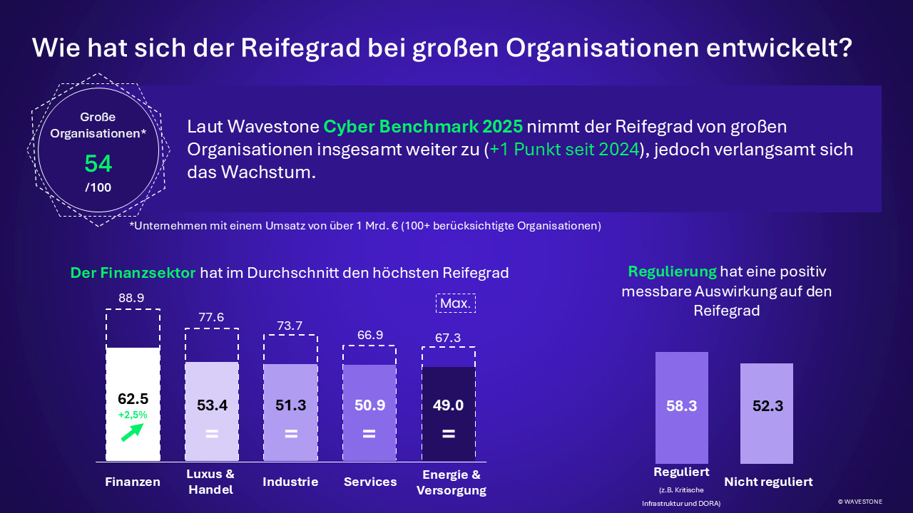 Reifegrad in den unterschiedlichen Organisationen. Energie und Versorgung bilden dass Schlusslicht.
