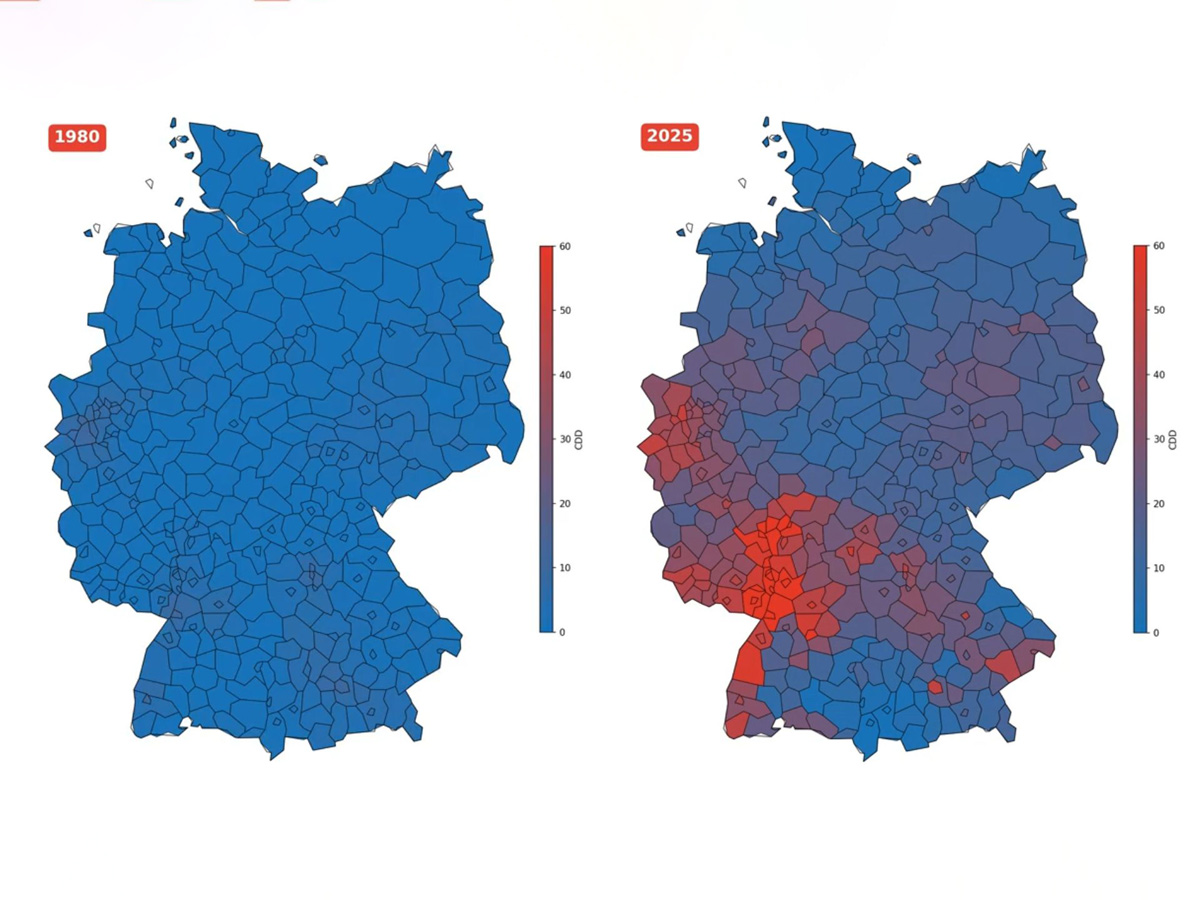 Der neue Techem Hitzeatlas Deutschland zeigt, dass der Südwesten besonders betroffen ist. Hohe Hitzebelastung und starke Zunahme seit 1980.