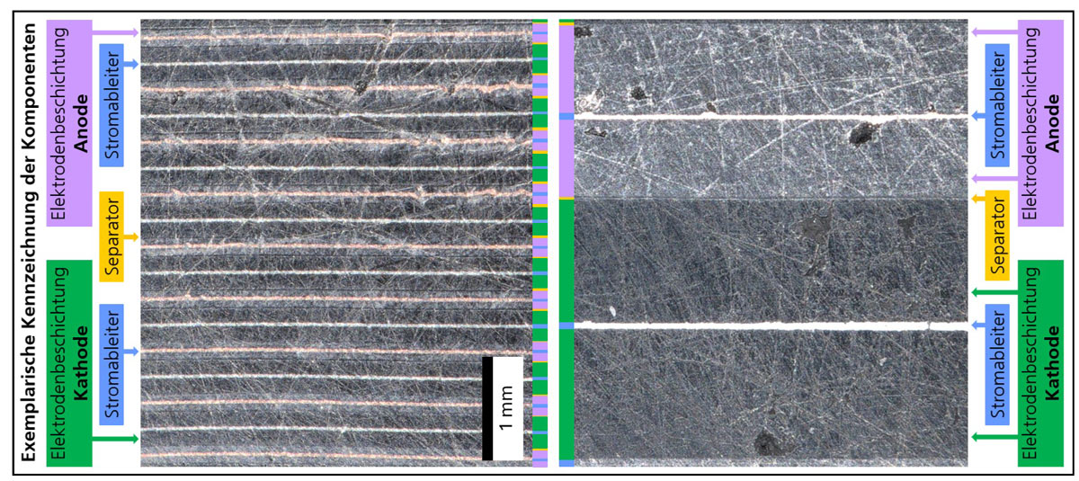 Querschnitt einer Batteriezelle mit klassischer Zell-Architektur (links) und neuem Aufbau (rechts). Das Forschungsteam erhöhte die Dicke des Aktivmaterials auf bis zu 800 Mikrometer und damit auch die Energiedichte um bis zu 15 Prozent.